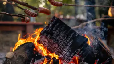 kiełbaski nabite na patyki są pieczone nad ogniskiem, sobotni wieczór w Zielonej Strefie