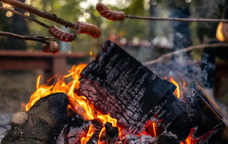 kiełbaski nabite na patyki są pieczone nad ogniskiem, sobotni wieczór w Zielonej Strefie